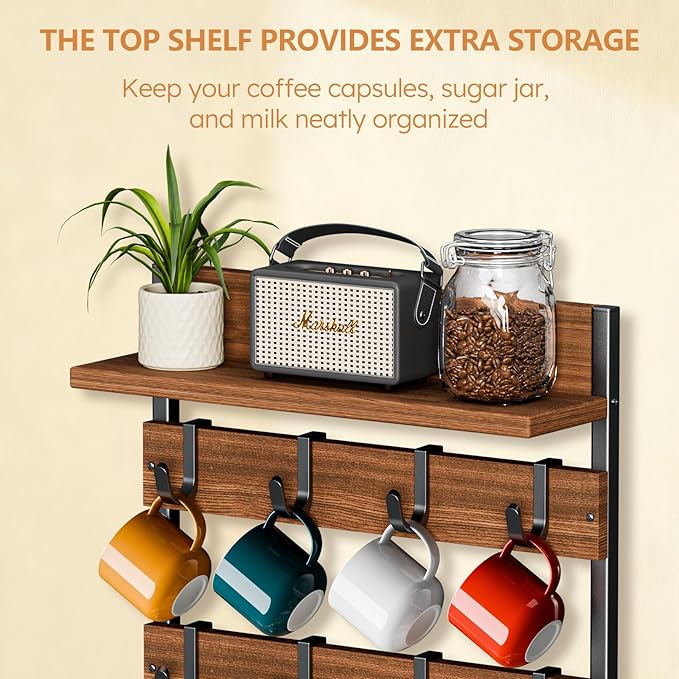2-in-1 Coffee Mug Holder Wall Mount, 4-Tier Coffee Mug Rack Wall Mounted with 16 Adjustable Hooks and Storage Shelf, Wooden Cup Hanger Organizer for Home Kitchen Display and Collection