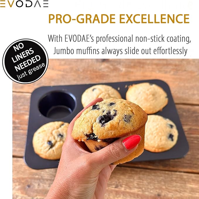 EVODAE® Nonstick Jumbo Muffin Pan – 2 Pack Large Muffin Pans, 12-Cup (2×6) Capacity, Large Cupcake Pan & Jumbo Muffin Tin – Pro-Grade Bakeware, Heavy Duty – PFOA & PTFE Free, No Liners Needed
