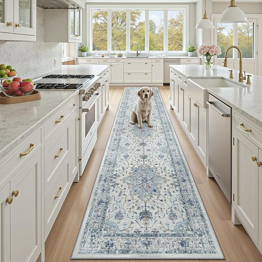 Area Rugs 2'x9' Runner Rug Non Slip Washable for Kitchen Hallway Bedroom Beside Laundry Room Bathroom Rug, Floor Carpet, Light Blue Navy Beige Gray White