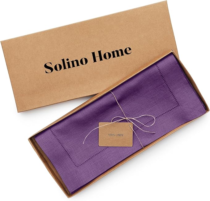 Solino Home Linen Purple Table Runner 156 Inches Long - 100% Pure Linen Extra Long Table Runner 14 x 156 Inch for Valentines, Spring, Easter - Classic Hemstitch