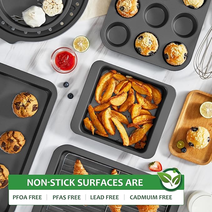HONGBAKE Bakeware Sets, Baking Pans Set with Kitchen Oven Mitts, Nonstick Oven Pan for Kitchen with Wider Grips, 12-Piece Including Rack, Cookie Sheet, Cake Pans, Loaf Pan, Muffin Pizza Pan