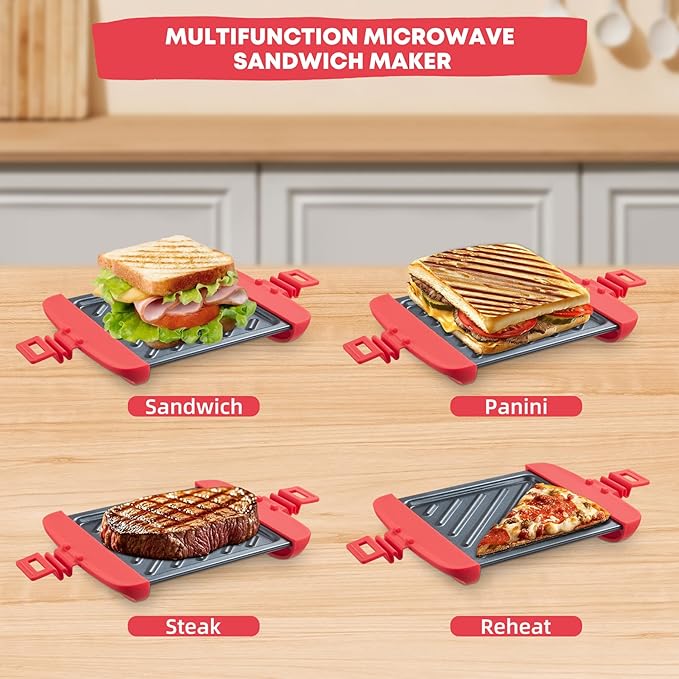 Microwave Sandwich Maker, Microwave Toastie Maker, Snack Maker & Panini Press, Microwavable Metal, Removable Non-Stick Plates Silicone Microwavable Cookware, Dishwasher Safe, Red