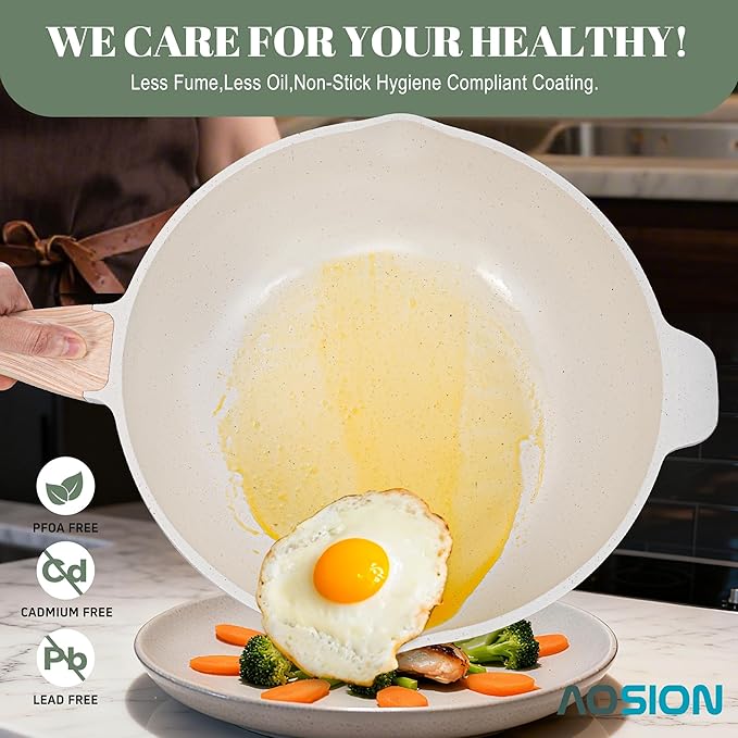 AOSION 11 Inch Nonstick Ceramic Deep Frying Pan Skille with Lid,5QT Sauté Pan for Cooking with Steam Rack,Healthy Large Skillet,Stay Cool Handle, Induction Compatible, PFOA & PFAS Free. (12IN-WHITE)