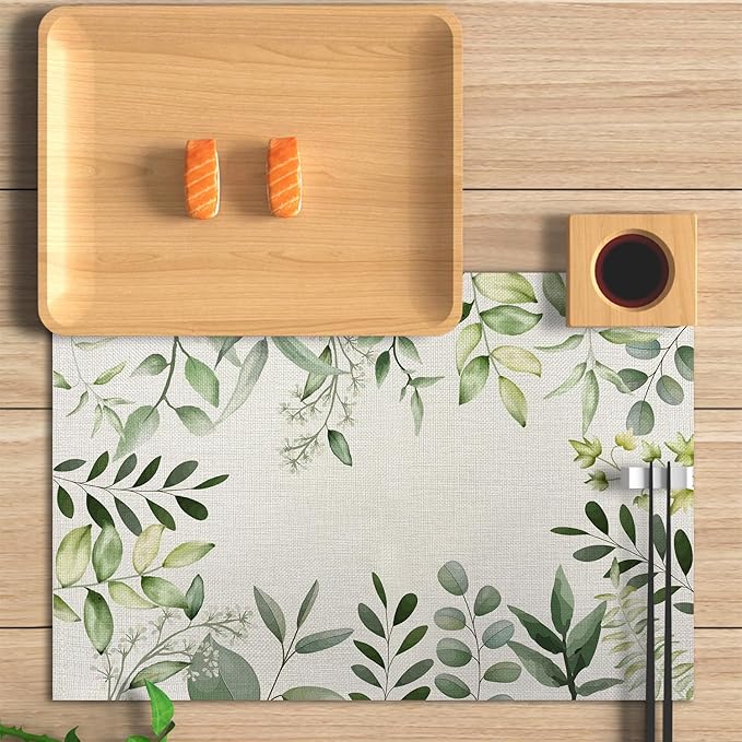 Eucalyptus Rustic Placemats Cottagecore Botanical Tablemats Resistant Place Mats Kitchen Decor Dining Decoration for Party, Washable Floral Placemats Set of 4-05