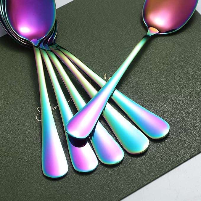 Rainbow Dinner Spoons, Kyraton 6 Pieces 7.5" Stainless Steel Table Spoon With Titanium Colorful Plating, Rainbow Soup Spoons, Dessert Spoons Sliverware Dishwasher Safe Set of 6