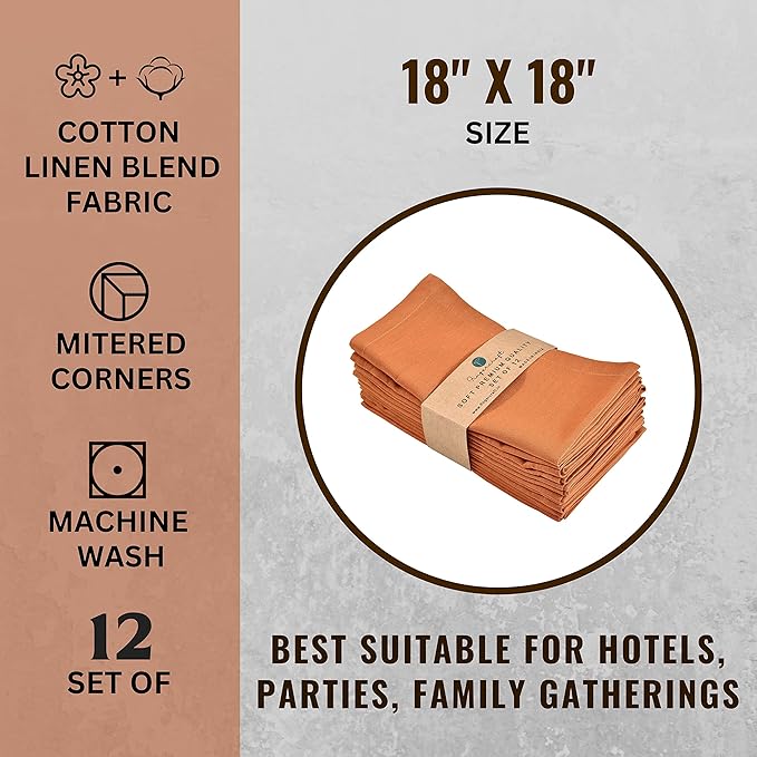 Fingercraft Dinner Cloth Napkins Set of 12, Cotton Linen Blend Premium Quality, Mitered Corners for Every Day Use Home Restaurant Christmas Napkins Cloth Pre Shrunk and Good Absorbency 18x18 inch Rust