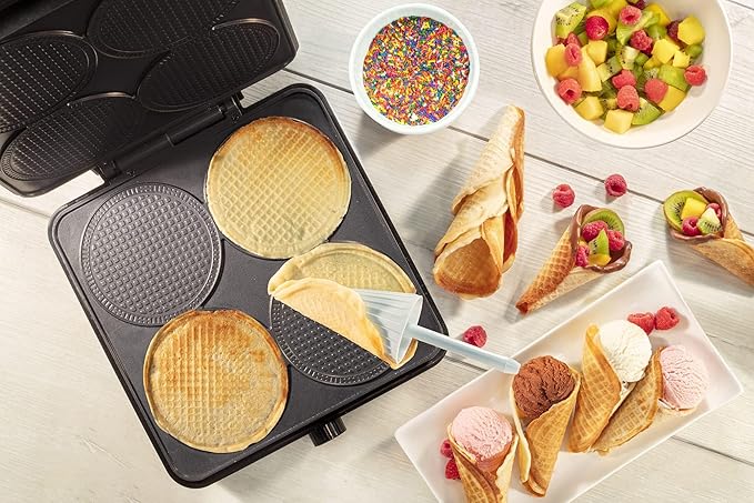 Mini Waffle Ice Cream Cone Maker - Bake 4 Homemade Mini Cones at Once, Includes Shaper Roller - Make Fun Bite Sized Entertaining Desserts for Holiday Parties, Special Occasions and Gift Giving Treats