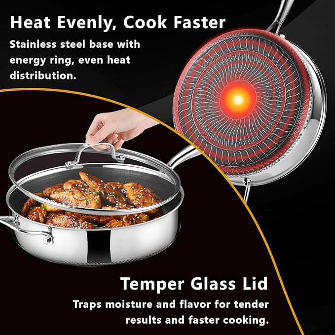 SAKAMOSH 12 Inch Frying Pan Nonstick with Lid, 5.6QT Hybrid Ceramic Deep Saute Pan & Skillet, Tri-Ply Stainless Steel for Even Heat, PFOA/PFOS Free, Induction & Oven Safe