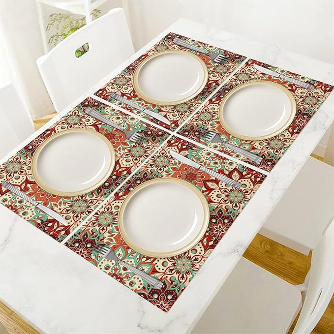 Mandala Placemats Set of 4 Vintage Bohemia Brown Turquoise Flower Art Printed Dining Table Mats for Restaurant Home Kitchen Holiday Picnic Party Decor 12x18in