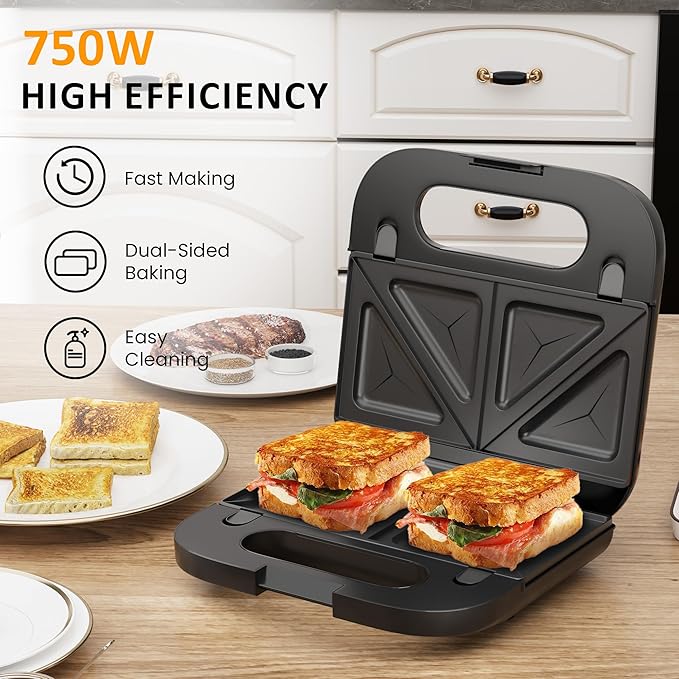 SUNVIVIPRO 3-in-1 Waffle Iron, Electric Sandwich Maker and Panini Press Grill, Non-Stick Removable Plates, Black