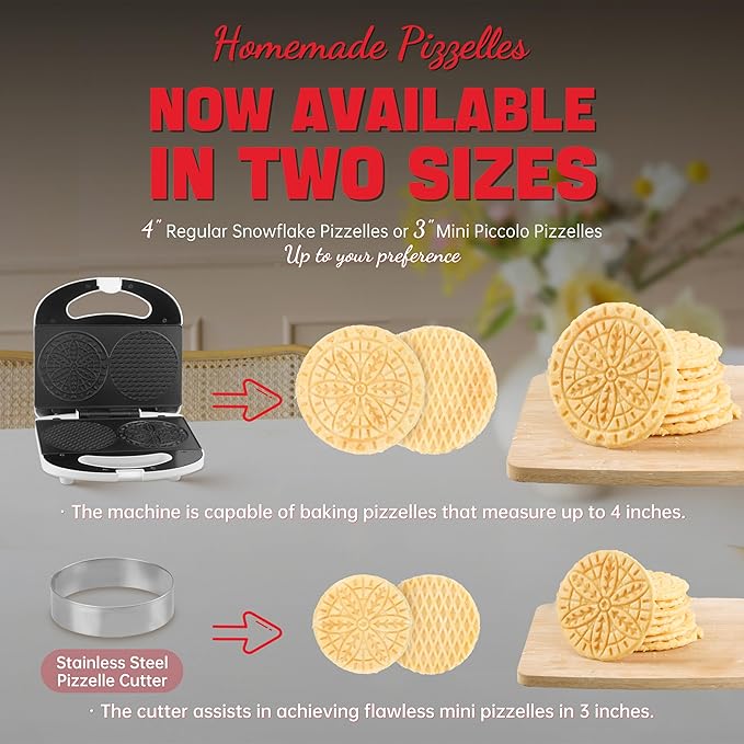 Mini Pizzelle Maker Machine with a 3'' Cutter, Mini Stroopwafel Iron, Bake 2 x 4'' Pizzelles or 3'' Stroopwafels, Excellent for Holiday, Party, Dessert Treat Making & More