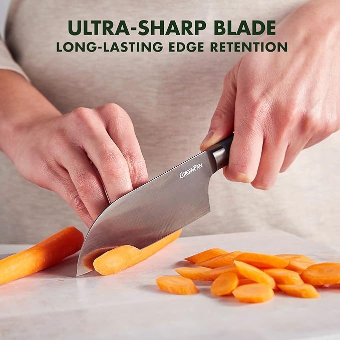 GreenPan Titanium Ultimate 16-Piece Knife Block Set, Titanium Coated, Stainless Steel, Eco-friendly, Ergonomic Grip, Slip Resistant, Balanced, Heat Treated, Hand Sharpened, Dishwasher Safe