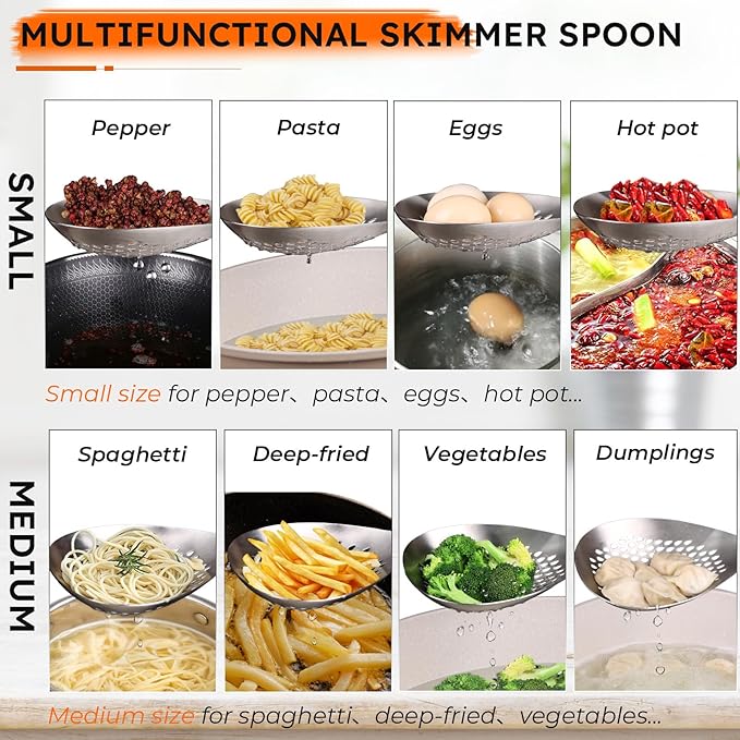 MARTE Skimmer Slotted Spoon,304 Stainless Steel Pasta Spider Strainer Ladle for Frying and Cooking, Set of 2 Colanders & Food Strainers，Kitchen Utensils Spaghetti Spoon with Heat-Resistant Handle