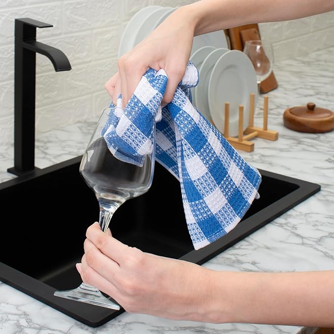 Blue Needles Waffle Weave Check Plaid Kitchen Towels, 15x25 Inches 100% Cotton Set of 4 Dish Towels for Kitchen, Soft & Absorbent for Quick Drying with Hanging Loop Spring Summer - Sky Blue & White