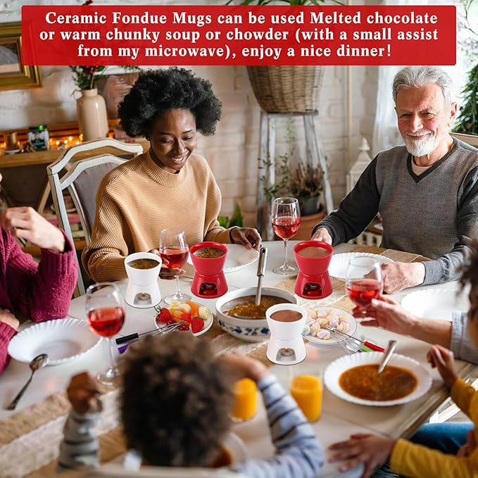 Mudder 6 Pieces Fondue Mug Ceramic Pot and 24 Pieces Forks Set for Melting Chocolate, Cheese, Broth or Tapas on Valentine's Day Gift(Red and White)