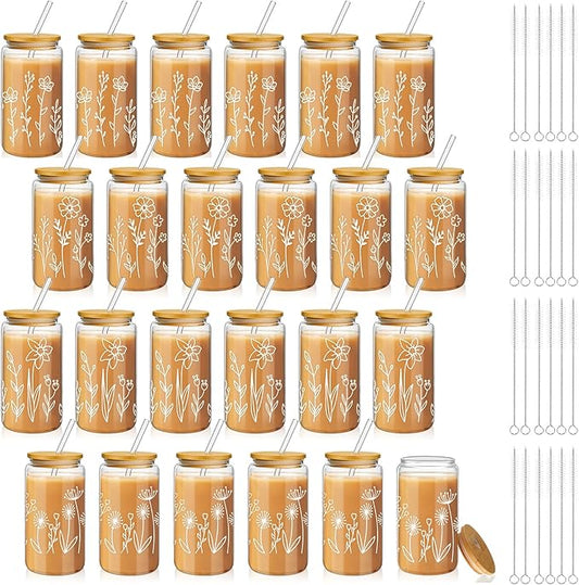 Mumufy 24 Pack Wedding Favor Glass Tumblers Boho Floral 16oz Iced Coffee Cups with Bamboo Lids and Straws Elegant Wedding Guest Favors and Reception Drinkware