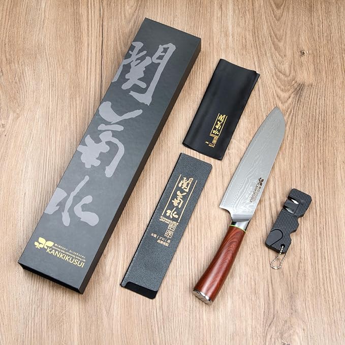 KANKIKUSUI Chefs Knife Damascus Forged 7" Japanese VG-10 Super Steel 67 Layer Damascus Steel, Sharp Versatile, Red Sandalwood Handle, Luxury Gift Box, Scabbard, Sharpener
