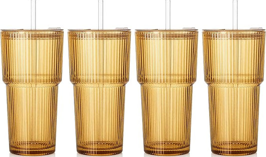 4PCS Amber Ribbed Glass Cups with Lids and Straws, 20oz Vintage Drinking Glasses, Aesthetic Iced Coffee Cups, Glass Tumbler for Boba, Beer, Tea, Cocktails, Ribbed Glassware Set,Amber Brown Glass Cup