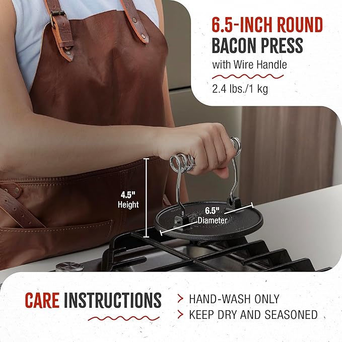 Victoria Round Cast-Iron Meat Press with a Wire Handle, Preseasoned with Flaxseed Oil, Made in Colombia