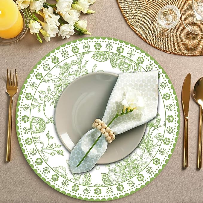 50 Pcs 14 Inch Green Floral Paper Place Mats Chinoiserie Round Placemats Flower Disposable Decorative Table Mats for Dinner Table Setting Banquet Party Supplies