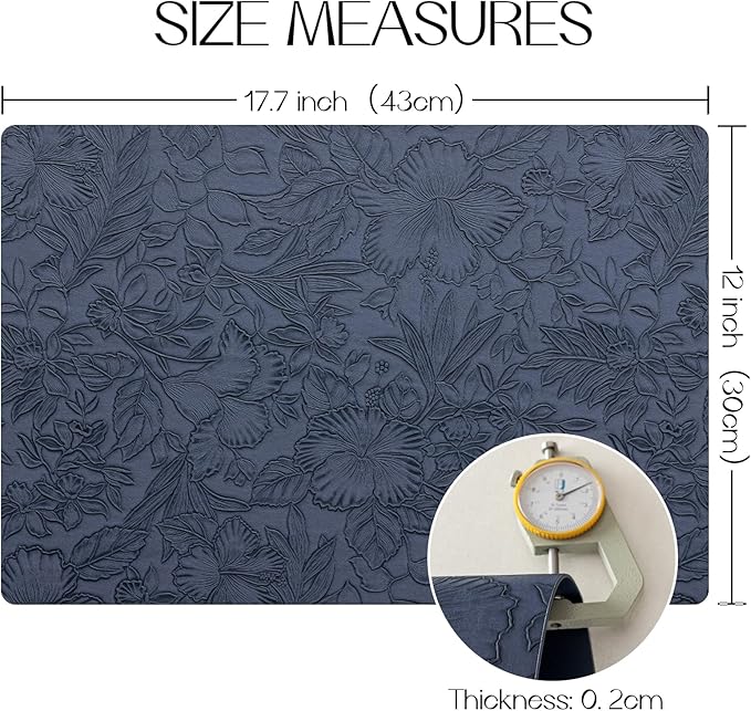 Romanstile Vinyl Placemats Set of 6-12 X 17 Inch - Heat Resistant Non-Slip Embossed Floral Place Mats 100% Waterproof Oilproof Wipeable Faux Leather Table Mats for Kitchen/Dining/Party, Navy Blue