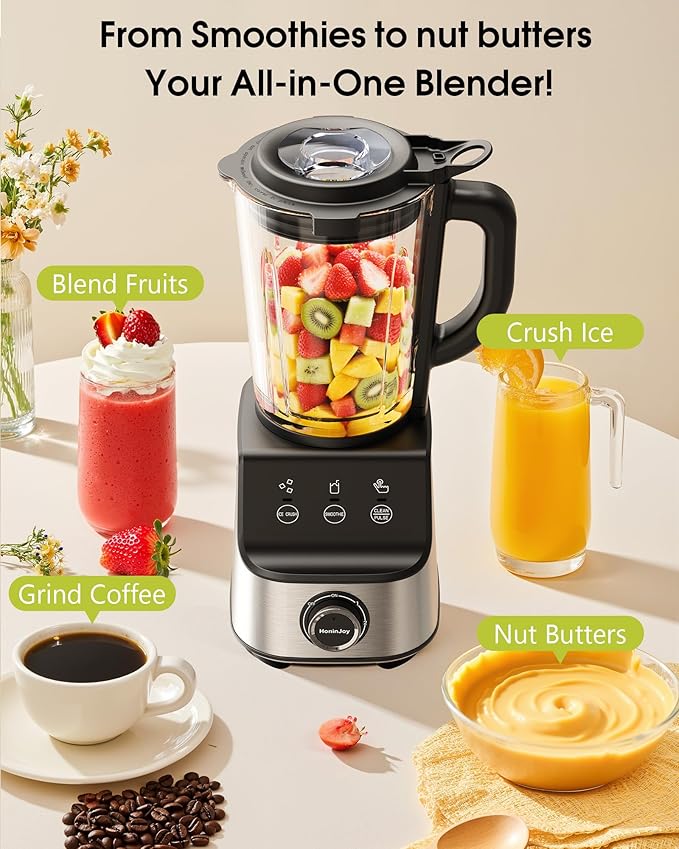 HoninJoy Countertop Blenders for Kitchen, 1400W Professional Blender for Smoothies, 3 Functions with 5 Speeds Smoothie Blender, with 51-oz Glass Jar, Grinder & Portable Cup Combo, Self-Cleaning