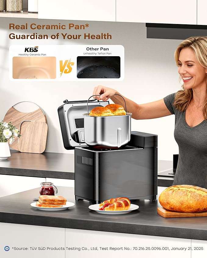 KBS Premium Convection Bread Maker Dual Heater, 17-in-1 Stainless Steel Bread Machine Ceramic Pan, Nut Dispenser,Touch Panel,2lb Loaf 3 Sizes 3 Crust Colors,Gluten-Free,Sourdough,Jam,Yogurt,53 Recipes