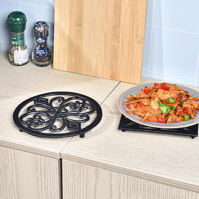 Sungmor Heavy Duty Cast Iron Trivet – 8 Inch Round Metal Hot Pot Stand, Rust-Resistant Heat Protector for Kitchen, Dining Table & Countertop, Black Vintage Decorative Hot Plate Pad