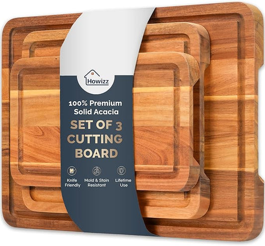 Howizz Acacia Wood Cutting Board, Set Of 3 Edge Grain Solid Wood Butcher Block For Kitchen Meal Prep & Serving, Chopping Boards Deep Juice Groove & Built-In Handles, Gift for Home, Gift-Ready Box