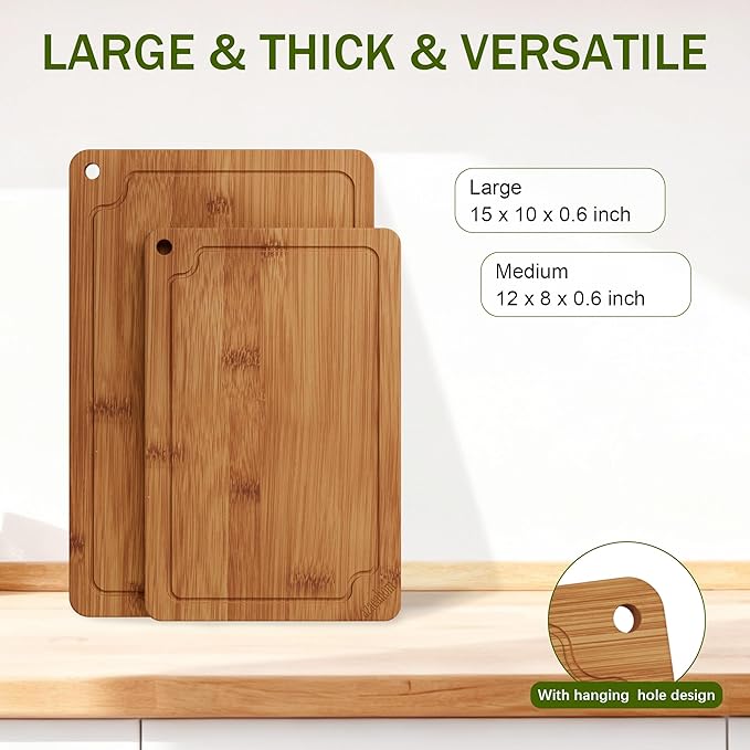 Bamboo Cutting Boards for Kitchen, Wood Cutting Board Set with Juice Grooves & Built-in Handles, Easy Storage & Clean Chopping Board for Meat, Vegetables, Fruit(2 Pcs)