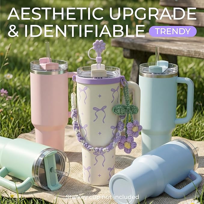 Water Bottle Accessories for Stanley Cup 40 oz 30 oz Tumbler, Including Handle Strap, Silicone Straw Topper Cover, Charm, Original Bow Sticker, Cute Birthday Gifts for Women Her Mom Daughter (Lilac)