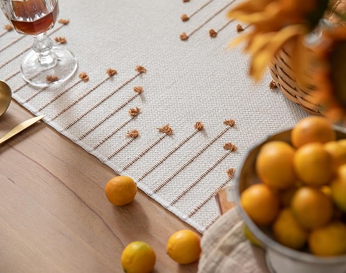 Boho Table Runner 13 x 48 Inch Long Natural Cotton Woven Runner with Tassels for Home Dining Table décor, for Modern Farmhouse Decor Coffee Table Runner, Brown and Beige