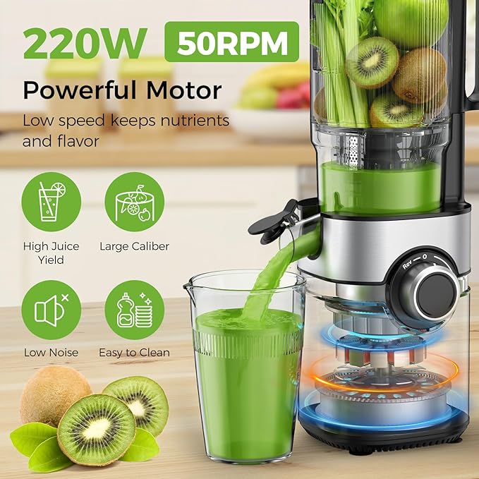 Cold Press Juicer, 5'' Wide Feed Chute Juice Maker, OSTBA Juicer Machine for Whole Vegetables and Fruits, High Juice Yield, Easy to Clean, BPA Free