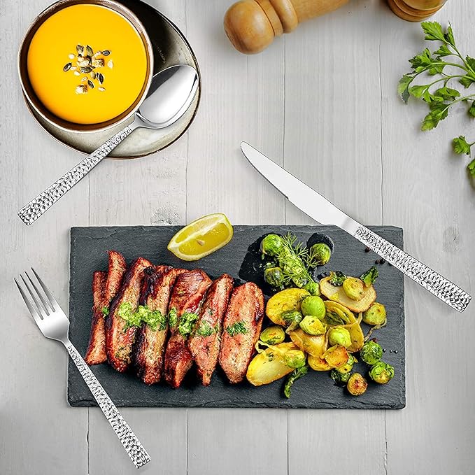 E-far Hammered Dinner Knives Set of 6, 8.9 Inch Stainless Steel Serrated Steak Butter Knife for Home Kitchen Restaurant, Modern Design & Square Edge, Mirror Finish & Dishwasher Safe