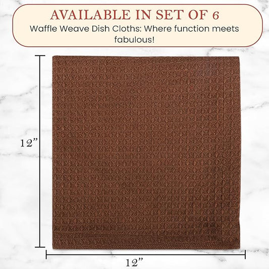 Vintage Vista 100% Cotton Waffle Dish Cloths (Pack of 6) - Dish Rags for Washing Dishes - Reusable & Highly Absorbent Kitchen Towels - Kitchen Rags for Christmas - (12" x 12" - Brown)