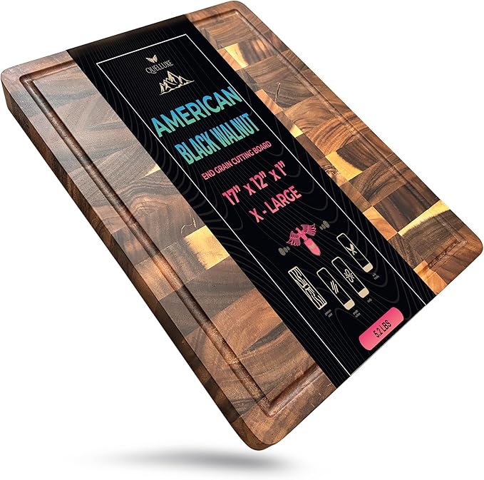 QUELLUXE Walnut Wood End Grain Cutting Board for Kitchen with Juice Groove, Inner Handles, Heavy-Duty Butcher Block, Wooden Chopping Board, Charcuterie Boards 17" x 12" x 1" (17" x 12" x 1")