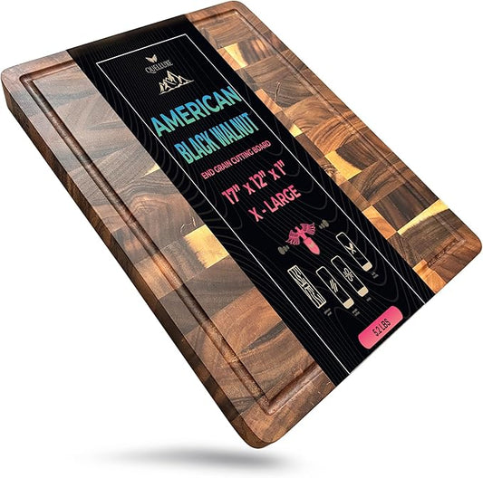 QUELLUXE Walnut Wood End Grain Cutting Board for Kitchen with Juice Groove, Inner Handles, Heavy-Duty Butcher Block, Wooden Chopping Board, Charcuterie Boards 17" x 12" x 1" (17" x 12" x 1")