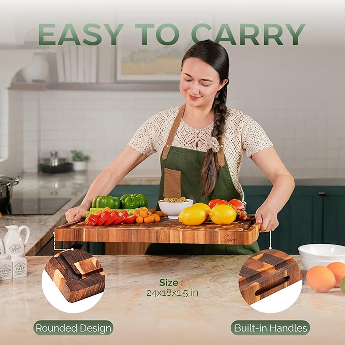 Howizz Acacia Wood Cutting Board, End Grain 24"x18"x1.5" Thick Chopping Boards Non Toxic w/Juice Grooves & Handles, Large Cutting Boards For Kitchen Pre-Oiled Wooden Trays, Gift-Ready Set