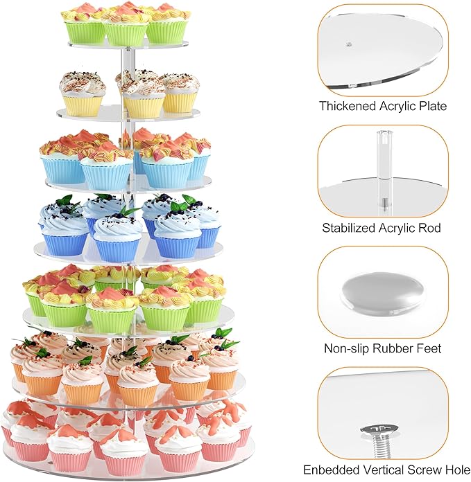7 Tier Cupcake Stand, Round Cupcake Tower Stand, Clear Acrylic Cupcake Tier Stand, Cupcake Dessert Display Stand for Wedding Graduation Birthday