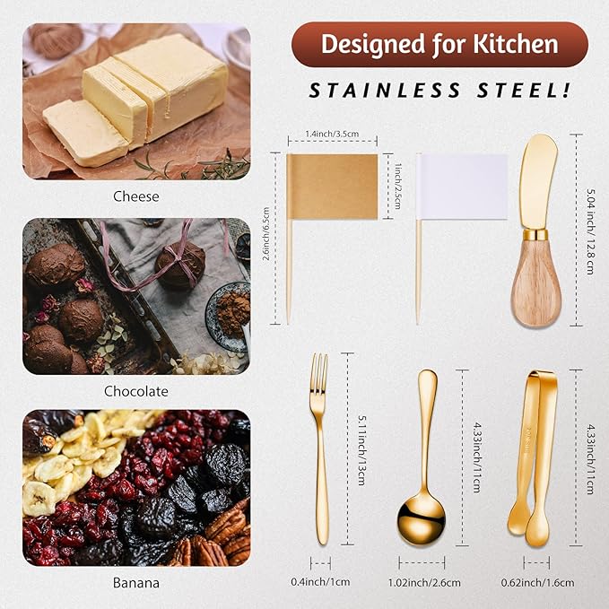 Cheese Butter Spreader Knives Set Charcuterie Accessories Stainless Steel Spreader Knives with Wooden Handles Charcuterie Boards Utensils Mini Serving Tongs Spoons and Forks (Gold,14 Pieces)