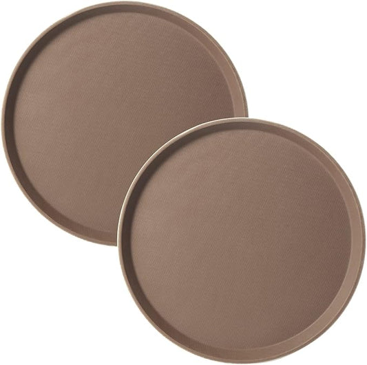 CURTA 2-Pack Restaurant Grade Non-Slip Tray, NSF, 16 Inch, Plastic Rubber Lined Anti-Skid Round Serving Tray, Brown