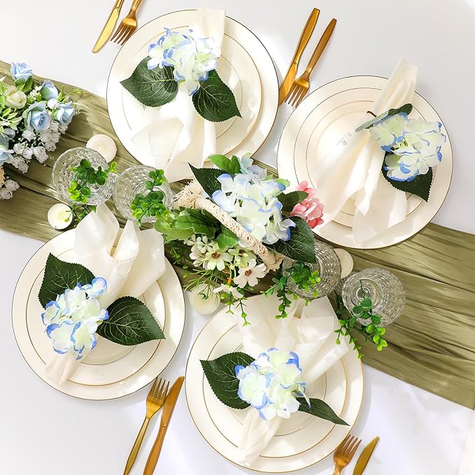 6 Pcs Artificial Hydrangea Napkin Rings Spring Summer Napkin Ring Holder Boho Floral Rustic with Artificial Leaves for Weddings Dinner Spring Summer Gathering Table Decoration (Hydrangea)