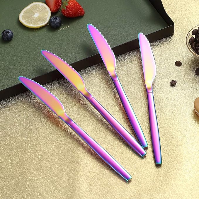 Rainbow Dinner Knives 4 Pieces, Homquen Sturdy 9" Stainless Steel Modern Design Knife, Colorful Titanium Plating Knifes Set With Round Edge Dishwasher Safe