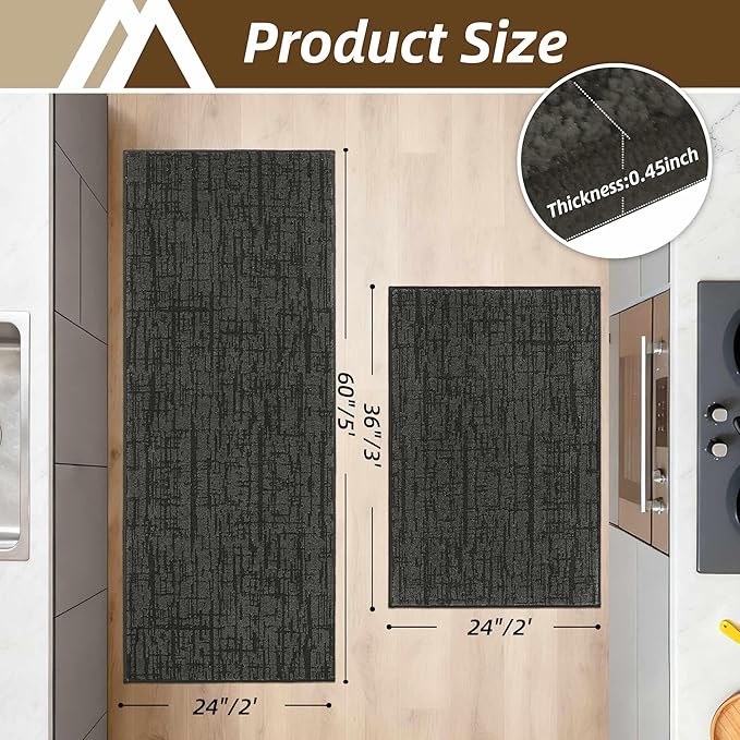 COSY HOMEER Kitchen Rugs Non Slip Washable 24"x36"+24"x60",Absorbent Soft Kitchen Mats for Floor,Polyester Kitchen Runner Rug Sets of 2,Kitchen Floor Mats for Sink Mat,Hallway,Laundry,Dark Grey