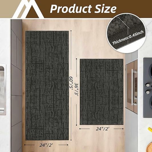 COSY HOMEER Kitchen Rugs Non Slip Washable 24"x36"+24"x60",Absorbent Soft Kitchen Mats for Floor,Polyester Kitchen Runner Rug Sets of 2,Kitchen Floor Mats for Sink Mat,Hallway,Laundry,Dark Grey