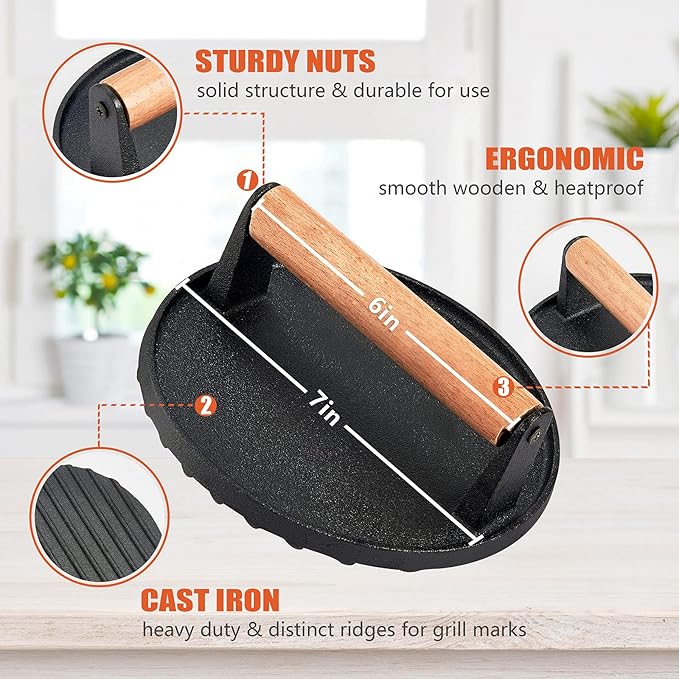 12In Cheese Melting Dome & 7In Cast Iron Grill Press, HaSteeL Stainless Steel Basting Cover with Heavy Duty Burger Bacon Press, Griddle Accessories for Teppanyaki Flat Top Stovetop Indoor & Outdoor