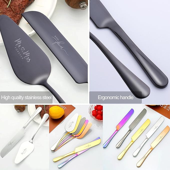 Wedding Cake Knife and Server Set, Cake Cutting Set for Wedding, 4 Pieces Cake Pie Sever set and Forks, Wedding Gifts, Bridal Shower Gifts for Couples (Black)
