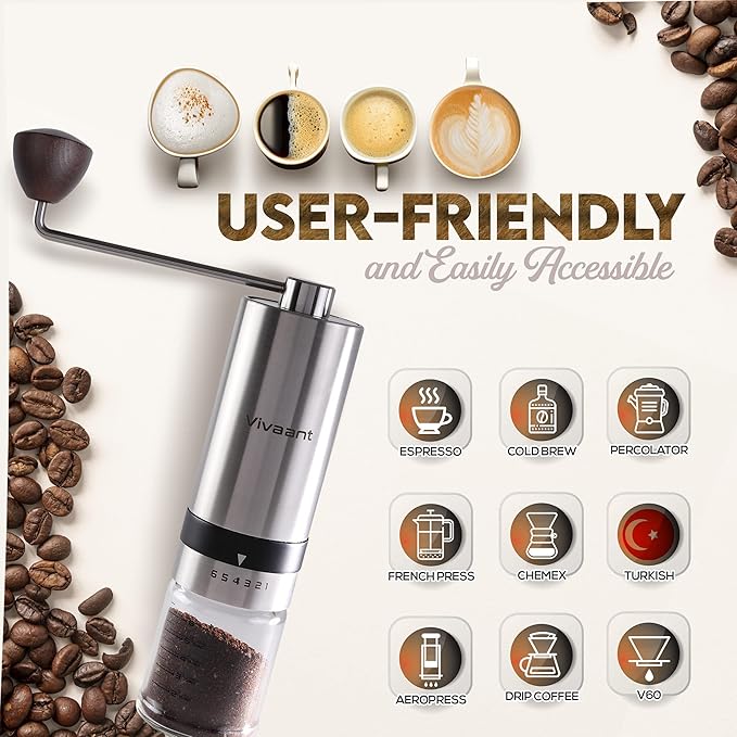 Vivaant Coffee Grinder Manual Capacity 32g - Stainless Steel Conical Burr Coffee Grinder Hand, Manual Coffee Grinder Espresso with Adjustable Settings, Portable Coffee Bean Grinder for French Press