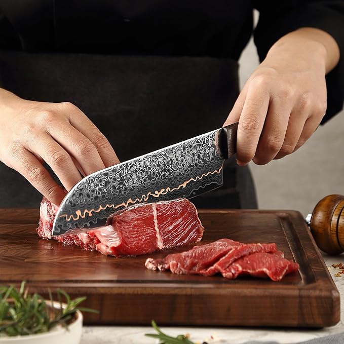 Wakoli Kawa Santoku Knife, 7.1-Inch Blade Damascus Chef Knife | 67-Layer Damascus Steel with VG10 Core | Copper Inlay | Maple Stabilized Wood Handle | Professional Kitchen Knife