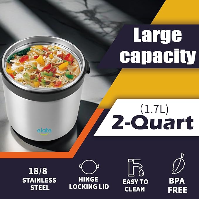Elate 2-Quart Camp Crock Thermos for Hot/Cold Food | 64oz Stainless Steel Vacuum-Insulated Jar, Wide-Mouth Thermal Food Container, Portable Lunch Pot for Outdoor, Camping, Picnics, Trips, Potlucks